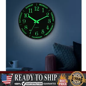 12Inch Large Modern Luminous Night Light Wall Clock Silent Wood Battery Operated - Picture 1 of 18