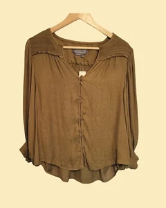 Anthropologie Tunic Top Blouse 3/4 Sleeve Snakeskin Print Olive Henley NWT - Picture 1 of 11