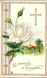 Vintage Oster Postkarte ~ hübsche geprägte weiße Rose ~ Kreuz ~ Stecher - Bild 1 von 3