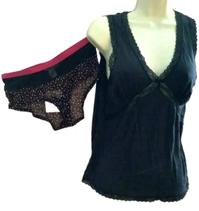 Alfani sz S Tank Sleep Top Cami Hipster Panties stretchy Black Modal + sheer dot - Picture 1 of 9