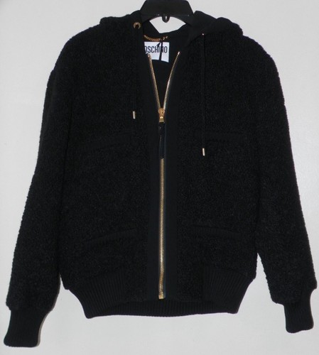 MOSCHINO COUTURE MISTO LANA CON CAPPUCCIO CASUAL OUTWEAR GIACCA NERA Tg. 6 US 40 IT