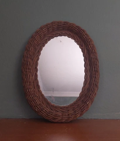 Vintage Late 20th Century Brown Woven Wicker Oval Shape Mirror Cover