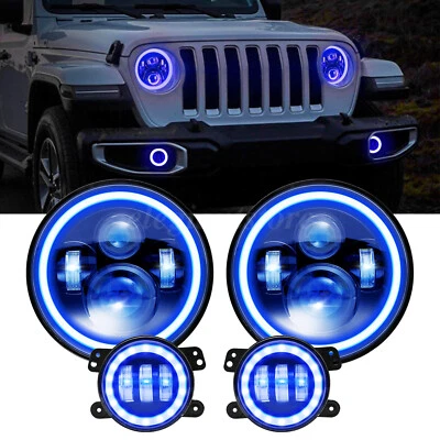 7'' Blue Halo LED Headlights 4'' Fog Lights Combo Kit For Jeep Wrangler JK TJ JL — 第 1/4 张图片