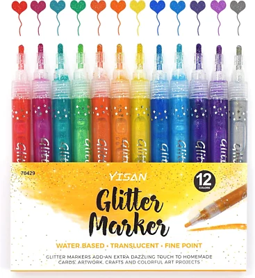 Glitter Markers, Metallic Sparkling Pens, Art Drawing Pens - Water Base, 12 Colo - Image 1 of 4