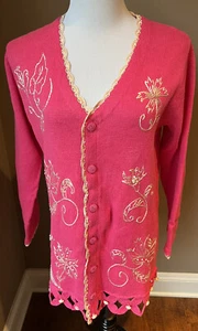 Storybook Knits Fuchsia Cardigan w/Embroidered Flowers in Pale Pink Size Small - Picture 1 of 7