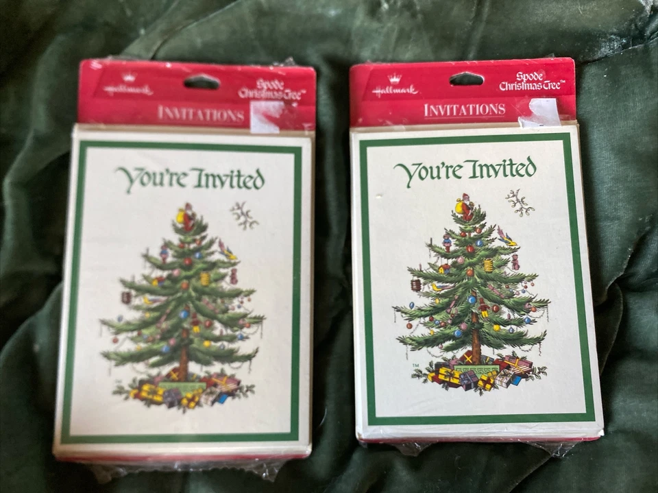 2 Hallmark Vintage Spode Christmas Tree Pack of Invitation 8 Pack With Envelopes