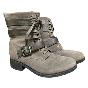UGG Waterproof Suede Moto Combat Boots 9.5 Taupe Chunky Lace Up Buckle Lug Sole - Picture 1 of 9