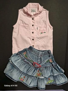 Levi's Pink Shirt Girls Sleeveless + Denim Embroidery Skirt Size 6 - Picture 1 of 7