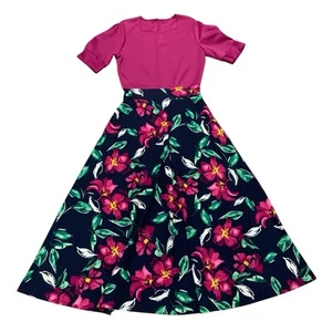 Womens Sz M Purple Navy Floral A-Line Swing Maxi Dress Pockets Short Sleeve - Picture 1 of 9