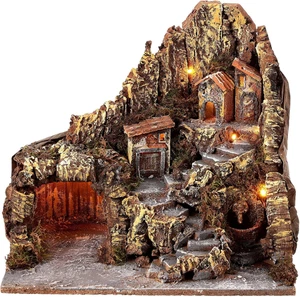 Borgo Con Grotta Fontana Presepe Napoletano 40X34X40 Cm - Foto 1 di 12