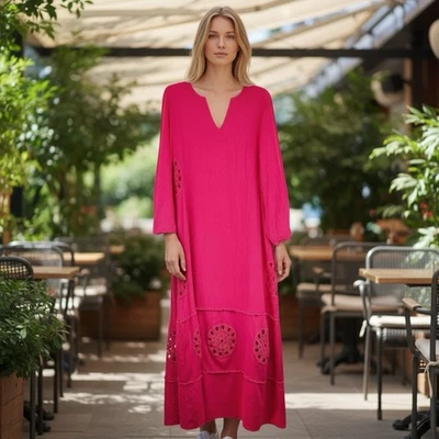 YOUNG FABULOUS & BROKE Caftan DRESS Sz M Crochet Linen Cotton Kaftan Maxi Pink - Image 1 of 4