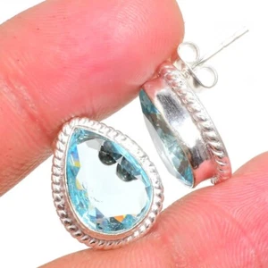 Aquamarine Gemstone 925 Sterling Silver Jewelry Stud Earring Sz 0.75" - Picture 1 of 1