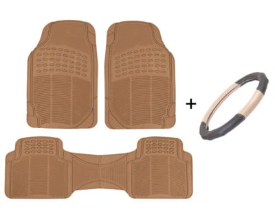 Leather Steering Wheel Cover + All Weather Floor Mats Set - Universal Size - Image 1 of 4