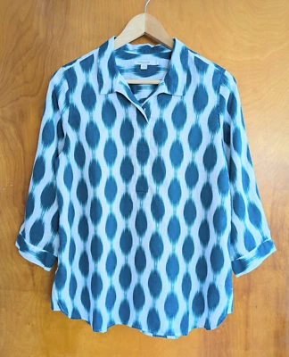 Túnica Chico's No Iron Lino Popover Talla 00/XS Botón Trasero Manga 3/4 Blanco Verde azulado Foto 1 de 4