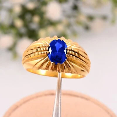 AAA Natural Tanzanite Men's Ring, 14K Solid Yellow Gold Handmade Wedding Gift. - Image 1 of 3