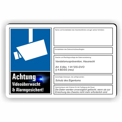 VIDEOÜBERWACHT & ALARMGESICHERT ACH DSGVO (BDSG) NORM SCHILD MIT WUNSCHTEXT zum - Image 1 of 4