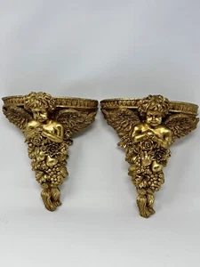 Vintage Cherub Wall Pocket Gold Planters Victorian Baroque 8” Tall Syroco - Picture 1 of 14