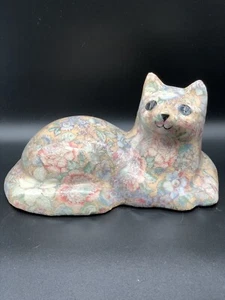 Floral Decoupage Cat Figurine Fabric Lacquered Statue Vintage - Picture 1 of 8