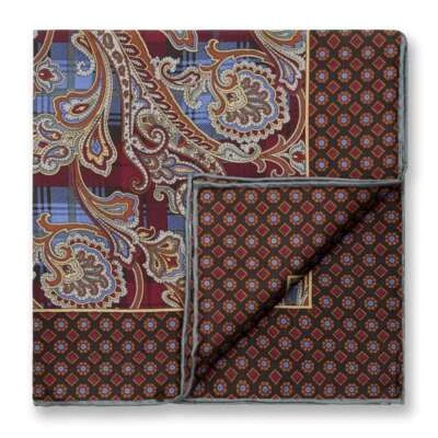 Men's 100% Silk Grey Blue Paisley Plaid Pocket Square Hand Rolled Free Shipping - Image 1 of 4