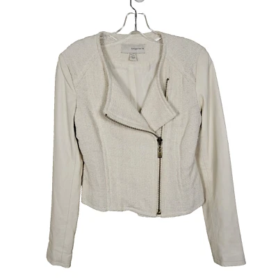 Bagatelle Womens XS Moto Jacket Cream Leather Cotton Full Zip Tweed City Chic - Image 1 of 4