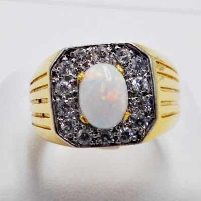 VESTIDO PAVÉ ANILLO HOMBRE ÓPALO SIMULADO ORO AMARILLO 24K RELLENO EP CZ Estate TALLA 9 Foto 1 de 4