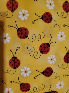 Sewing Fabric Traditions Lady Bugs & Daisies Yellow La-di-draw 1.5ydx45" Cotton - Picture 1 of 5