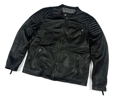 Vintage Men's DIESEL Black Leather Biker Full Zip Bomber Jacket Size 50 M/L - Image 1 of 4