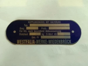Typenschild AHK Anhängerkupplung Westfalia VW u.a Kupplungskugel Schild s106 blu - Bild 1 von 1