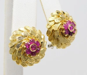 18 kt Multi Gold Pair Swirl Floral Motif Ruby Omega Back Button Earrings B6853 - Picture 1 of 8