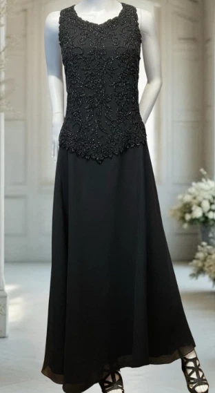 Vestido de Noche JKARA Negro Con Cuentas Embellecido Formal Vestido de Gasa - Talla 14P Foto 1 de 4