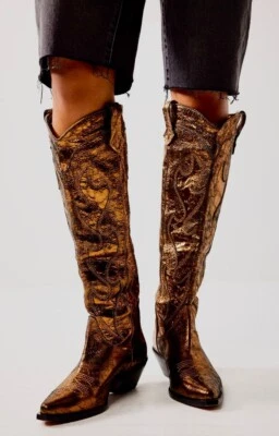 Free People Moody Metallic Cowboy Tall Western Boots Dark Gold Leather 39/9 NEW - Image 1 of 4