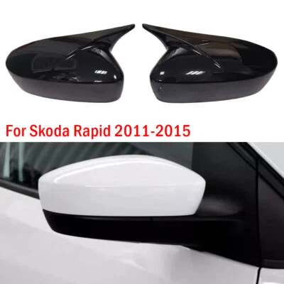 For Skoda Rapid 2011-2015 Gloss Black 2Pcs ABS Rearview Mirror Cover Trim Caps - Imagem 1 de 4