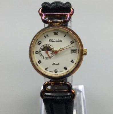 Vintage Valentine Mondphase Uhr Damen 28mm Datum Lederband neue Batterie - Bild 1 von 4