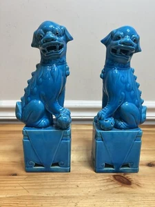 Blue Foo Dogs 10” Statues Blue Porcelain Ceramic Glazed Chinese Guardian Lions - Picture 1 of 11