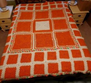Queen Handmade Crocheted Afghan Blanket Vintage White Orange ~77 X 65 