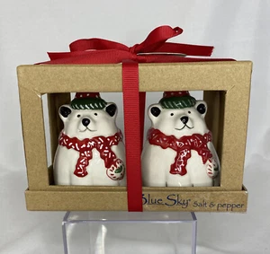 Blue Sky Christmas Holiday Polar Bears Ceramic Salt & Pepper Shakers New - Picture 1 of 3