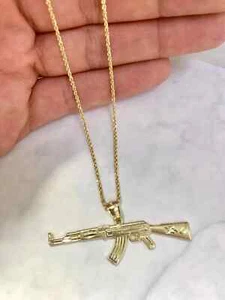10K Solid Yellow Gold Gun ak 47 Charm Pendant 2 Inch Long Pendant Charm Gift Him - Picture 1 of 2