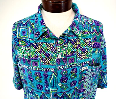 Vtg 80s GUESS Shirt Men's Size 3/L USA Hawaiian Blue Aztec Floral Rayon EUC * - Image 1 of 4