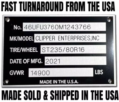 ENGRAVED 5 LINE TRAILER ID DATA PLATE NUMBER DATA TAG NAMEPLATE - Image 1 of 4