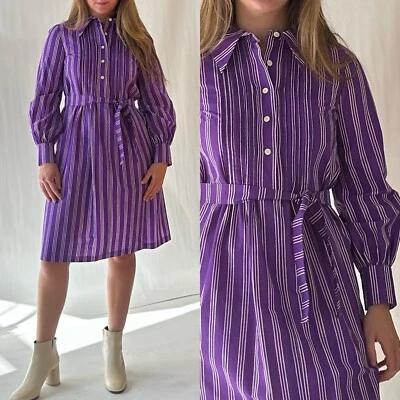 70s Marimekko Design Research Striped Shirtwaist Dress with Pintucks 💜 Small - Image 1 of 4