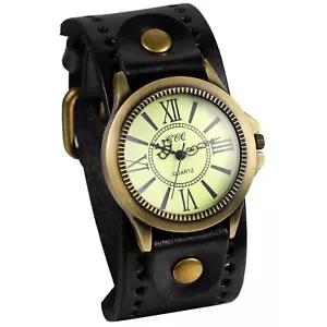 Vintage Leather Strap Wide Band Wristwatch Cuff Quartz Watch for Men Black fo... - Picture 1 of 6