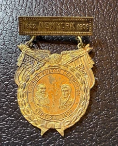 1909 USA Stati Uniti 300 anni celebrazione Hudson Fulton NAVI VECCHIA MEDAGLIA NEW YORK - Foto 1 di 7