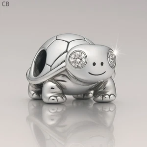 Bright Eyed Turtle Tortoise Bead for Charm Bracelets - 925 Sterling Silver - Picture 1 of 5
