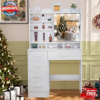 Vanity Set Makeup Desk Dressing Dresser Desk Table with 5Drawers&Sliding Mirror - Image 1 of 4