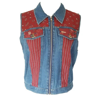 Vtg Carole Little Western Denim Vest Size M Bandana Print Patchwork Zip Cowgirl - Image 1 of 4