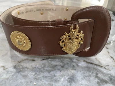 Cinturón de cuero Arrivanto para mujer L marrón dorado cresta medallón vintage años 80 Foto 1 de 4