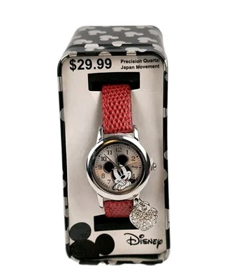Disney Mickey Mouse Watch w/Red Leather Band & Heart Charm #MK10418 NIB - Image 1 of 4