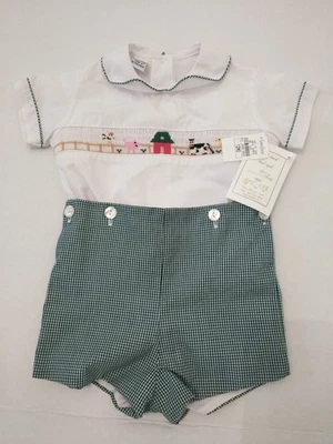 NUEVO Mameluco Anavini Smocked Jon 12-M VERDE GUINGA Y BLANCO para niños Foto 1 de 4