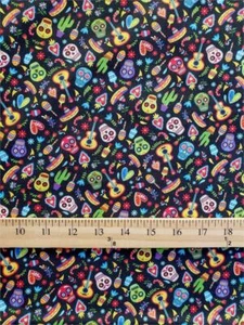 Tessuto 100% Cotone "Dia De Los Muertos COLORATO Stampa Calaveras /54" Largo/SBY - Foto 1 di 1