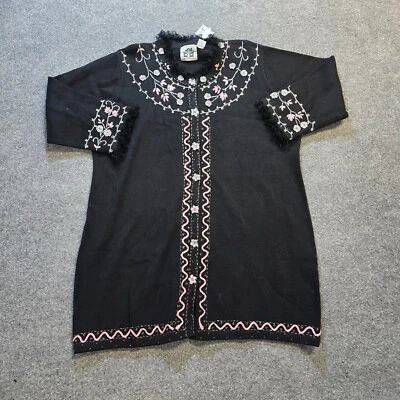 Suéter de punto Storybook para mujer talla 3X negro rosa bordado plumero chaqueta larga Foto 1 de 4